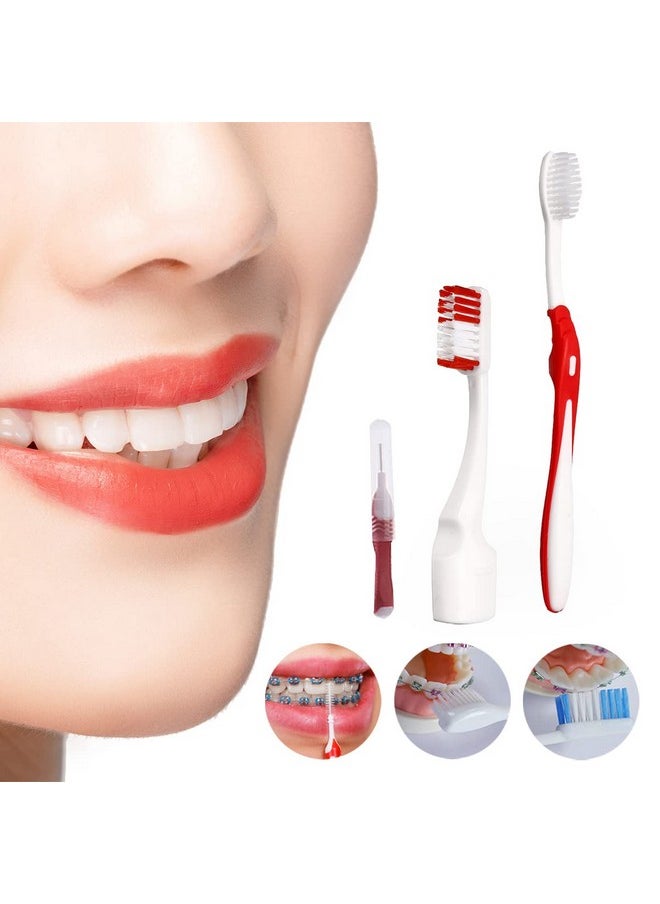 Braces Cleaning Kit For Teeth, Portable Orthodontic Toothbrush Kit Oral Care Dental Travel Kit - Interdental Brush Dental Wax Dental Floss Toothbrush Box (Red)