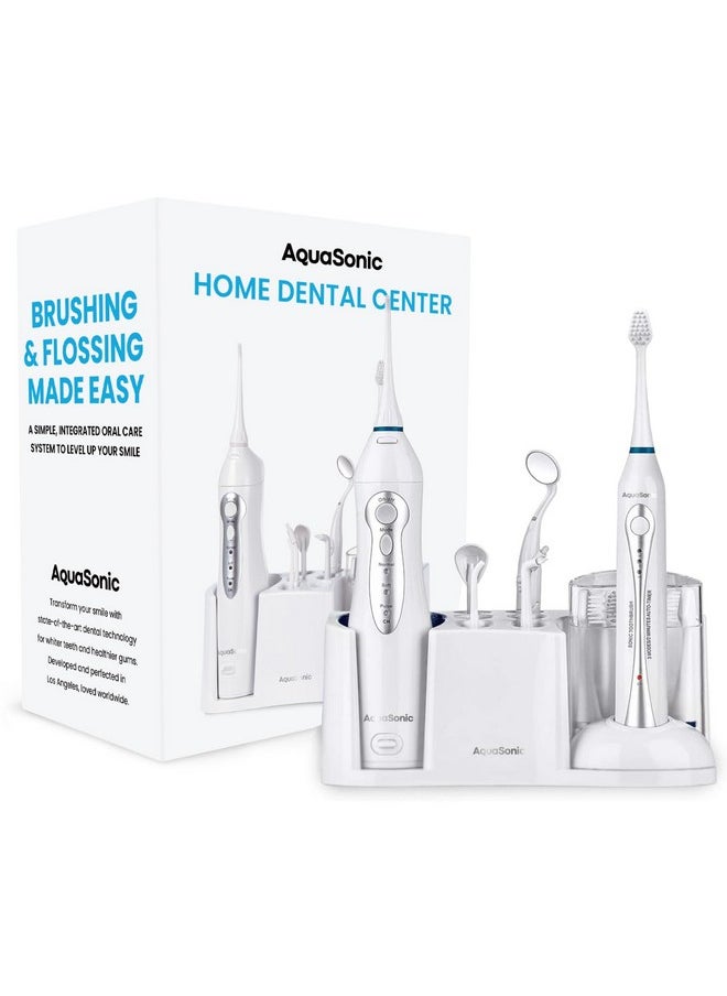 Home Dental Center Rechargeable Power Toothbrush & Smart Water Flosser - Complete Family Oral Care System - 10 Attachments And Tips Included - Various Modes & Timers (White)