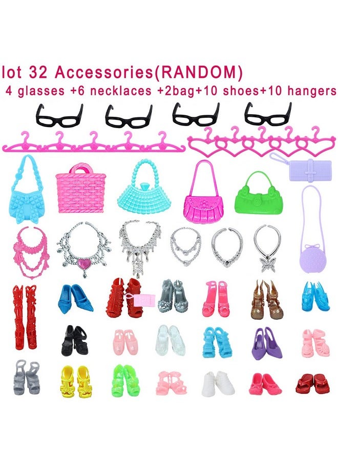 42 Pcs Doll Clothes And Accessories Including 10 Pcs Fashion Mini Dresses 32 Pcs Shoes, Glasses, Necklaces, Handbag, Hangers Accessories For 11.5 Inch Girl Doll