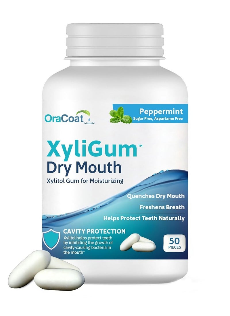 OraCoat XyliGum Dry Mouth Sugar Free Gum, 50 Piece Bottle, Peppermint Chewing Gum with Xylitol for Dry Mouth, Helps Stimulate Saliva, Breath Freshener, Supports Teeth & Gum Health