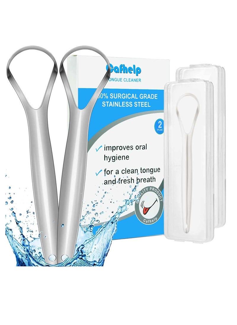 2-Pack Tongue Scraper, 100% Useful Surgical Stainless Steel Tongue Cleaner for Both Adults and Kids, Professional Reduce Bad Breath Metal Tongue Scrapers, Help Your Oral Hygiene (with 2 cases)