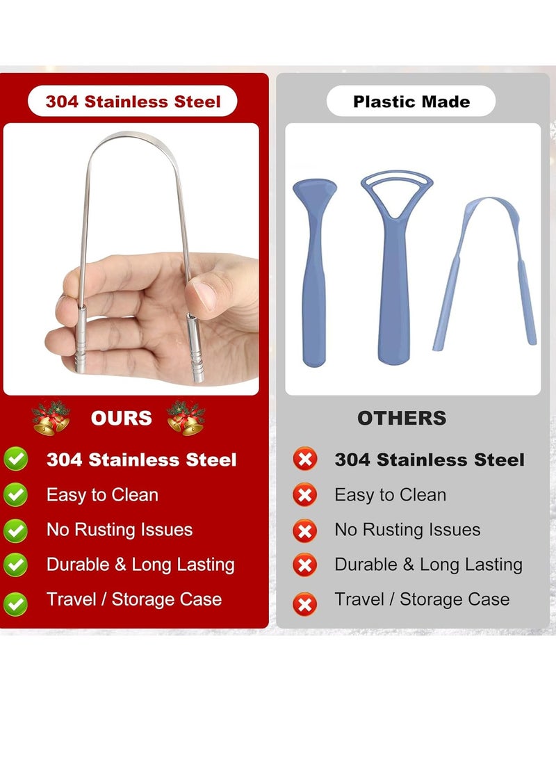 Tongue Scraper for Adults with Multicolor Travel Cases (2 Pack), Stocking Stuffers for Women Men White Elephant Gifts for Who Have Everything, 100% Stainless Steel Tongue Scrubber Tongue Cleaner