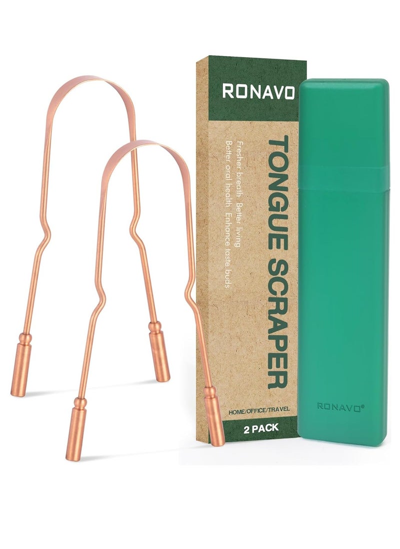 RONAVO Copper Tongue Scraper for Adults (2 Pack), 100% Pure Copper, Naturally Anti-Microbial, Banishes Bad Breath and Maintains Oral Hygiene, Tongue Cleaner with Travel Case, Easy to Use and Clean