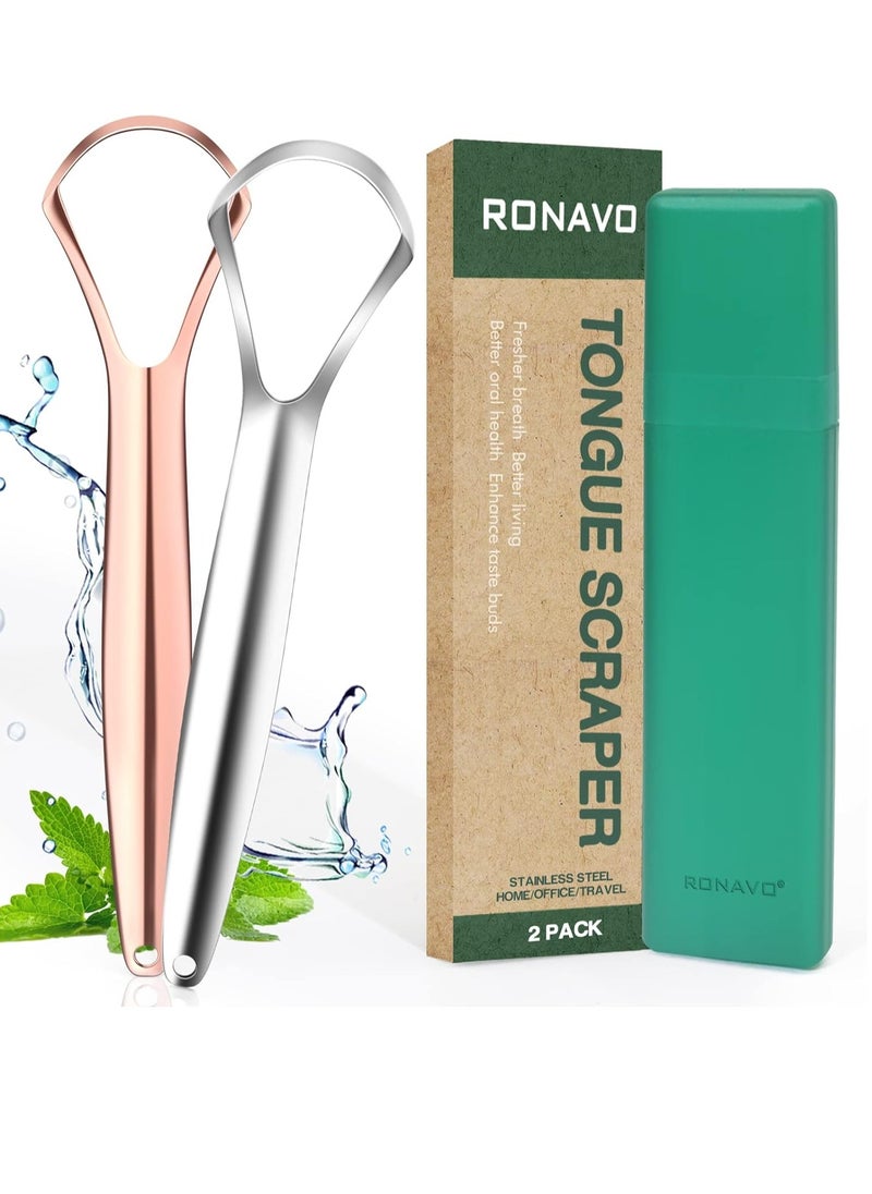 RONAVO Tongue Scraper for Adults, Two Colors Designed for Couples, Cure Bad Breath, Tongue Cleaners Stainless Steel, Metal Tongue Scrapers for Oral Care & Hygiene (2 Pack)