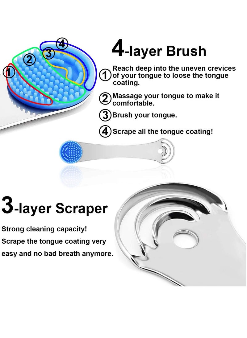 MOOSEC Tongue Scraper for Adults&Kids, Durable Food Grade 2 in 1 Silicone Tongue Brush and 100% Stainless Steel Tongue Scrapers, Reduce Bad Breath