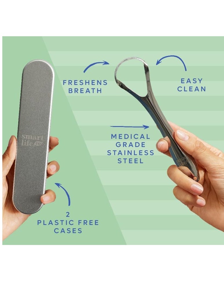 Tongue Scraper For Adults & Kids - 2 Pack Stainless Steel Tongue Scraper Travel Metal Case | Mouth Cleaner For Bad Breath Treatment | Best Disposable No Plastic Scrubber | Oral Care Hygiene Essentials