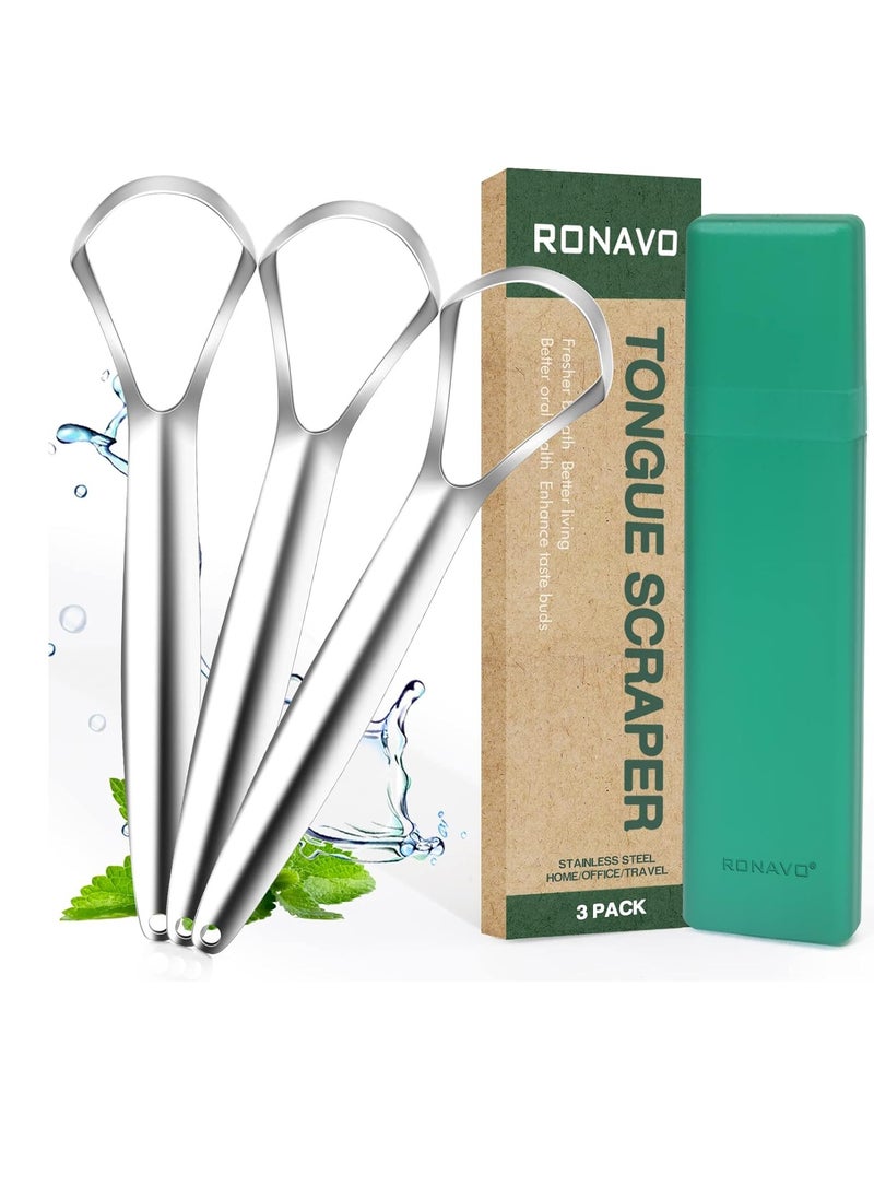 RONAVO Tongue Scraper for Adults (3 Pack), Reduce Bad Breath, Metal Tongue Scraper, Easy to use & Clean, with Travel Case for Home, Travel and On-the-Go