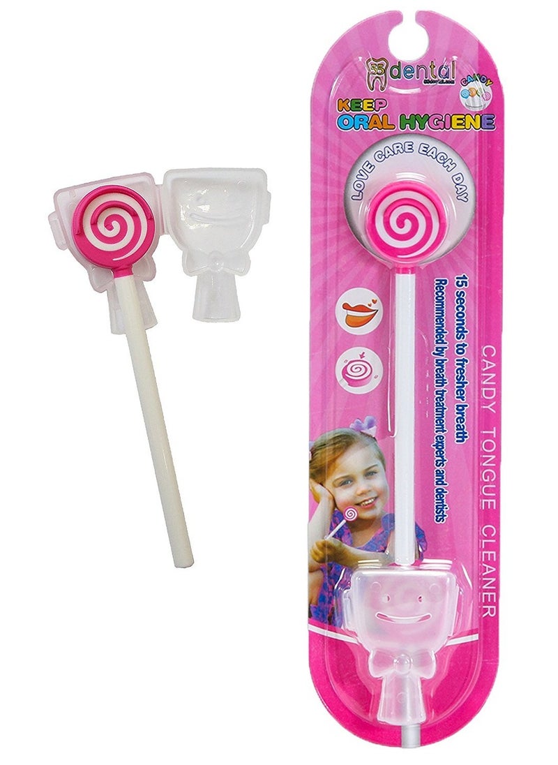 Kids Tongue Scraper or Cleaner Set – BPA-Free Plastic Dental Scrapers Helps Freshen Bad Breath, Remove Gunk – Multicolored with Easy-to-Grasp Handles and Brush Covers by 55Dental, Ages 2+ (Pink)