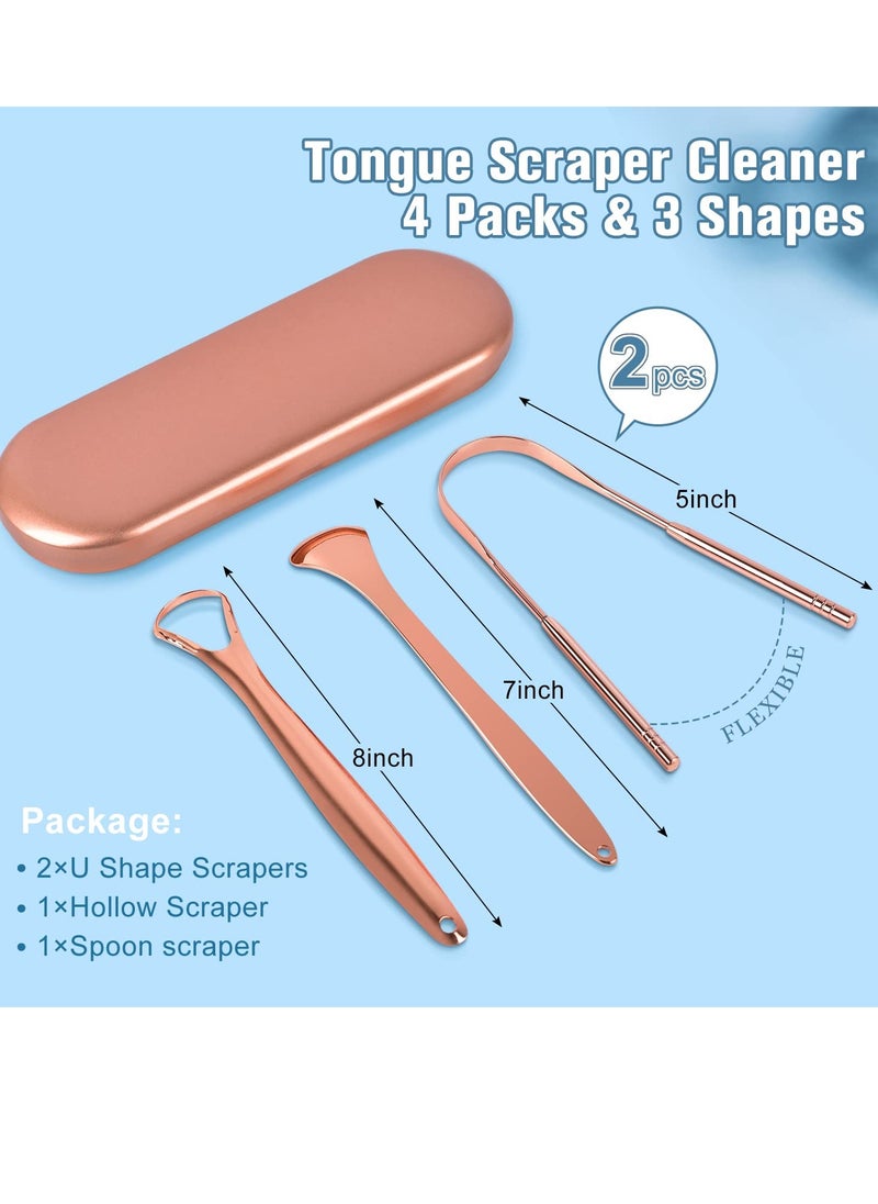 MORGLES Copper Tongue Scraper, 4Pcs Tongue Scraper with Case Medical Grade Tongue Scrapers for Adults Kids, Great for Oral Hygiene Bad Breath, Gold