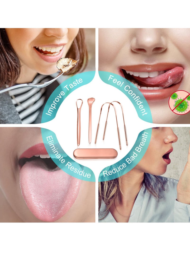 MORGLES Copper Tongue Scraper, 4Pcs Tongue Scraper with Case Medical Grade Tongue Scrapers for Adults Kids, Great for Oral Hygiene Bad Breath, Gold