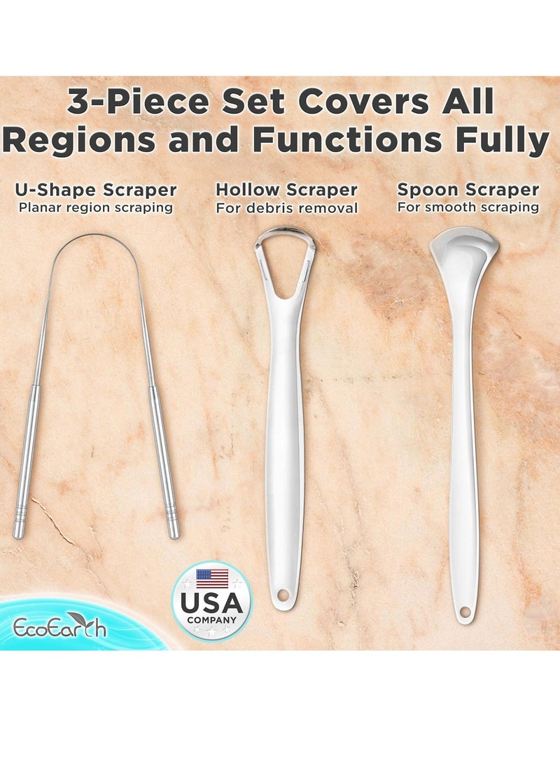 Set of 3 Tongue Scrapers for Adults, Tough Metal Tongue Cleaner w/Storage Case, Stainless Steel Tongue Scrubber for Fresh Breath & Oral Hygiene by EcoEarth