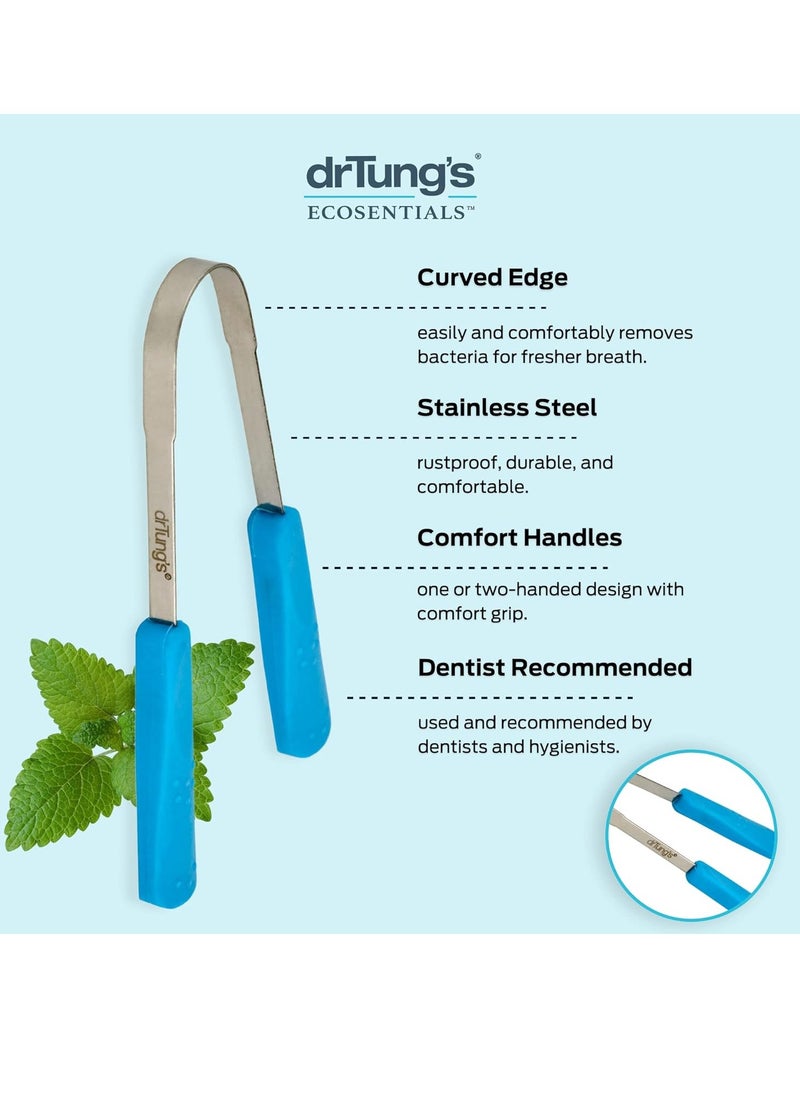 DrTung’s Stainless Tongue Scraper - Tongue Cleaner for Adults, Kids, Helps Freshens Breath, Easy to Use Comfort Grip Handle, Comes with Fabric Travel Pouch - Stainless Steel Tongue Scrapers, (1 Count)