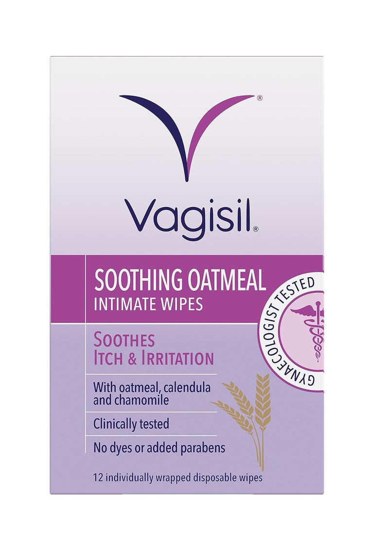 Soothing Oatmeal Intimate Wipes to soothe itch & irritation, Contains Tea Tree Oil, Gentle Enough For Daily Use,12 individually wrapped Wipes