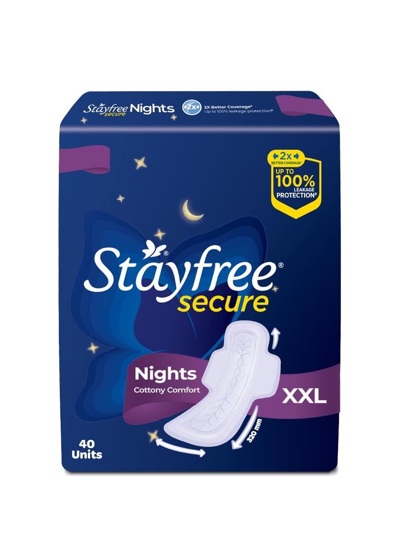 Stayfree Secure Nights XXL | 40 Pads| Cottony Soft Sanitary Pads for Women | Upto 100% leakage protection | Buy XXL at XL price | Absorbs 2x Faster with Wider Back |