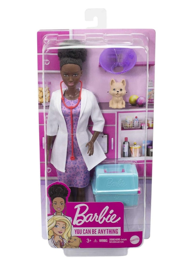 Barbie Careers Doll & Accessories, Brunette Pet Vet Wearing Removable Outfit with Puppy Figure