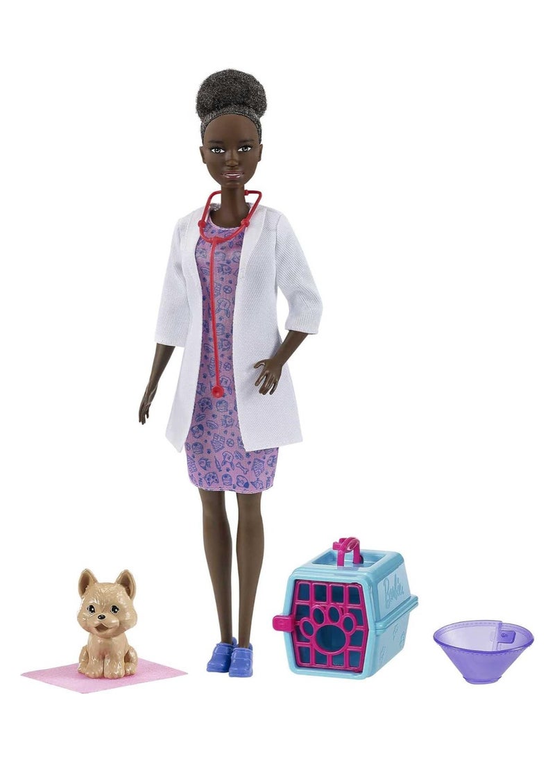 Barbie Careers Doll & Accessories, Brunette Pet Vet Wearing Removable Outfit with Puppy Figure