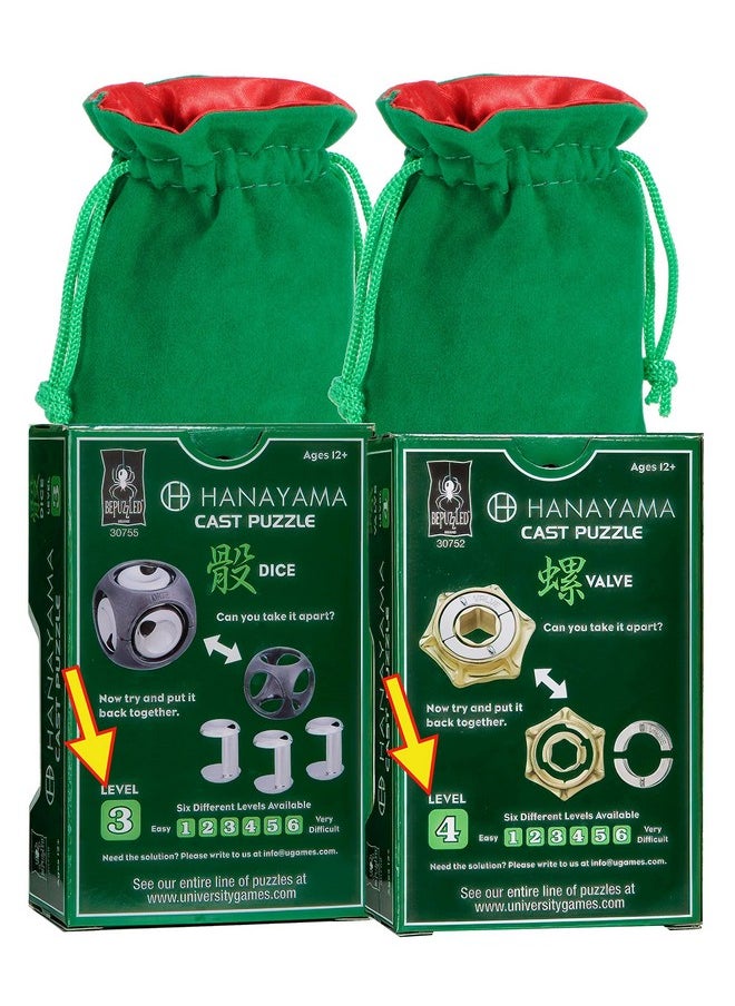 Dice And Valve Hanayama, New 2022 Releases, Metal Brain Teaser Puzzles, 2 Green Velveteen/Red Satin Lined Drawstring Pouches, Bundled, New 2022 Releases