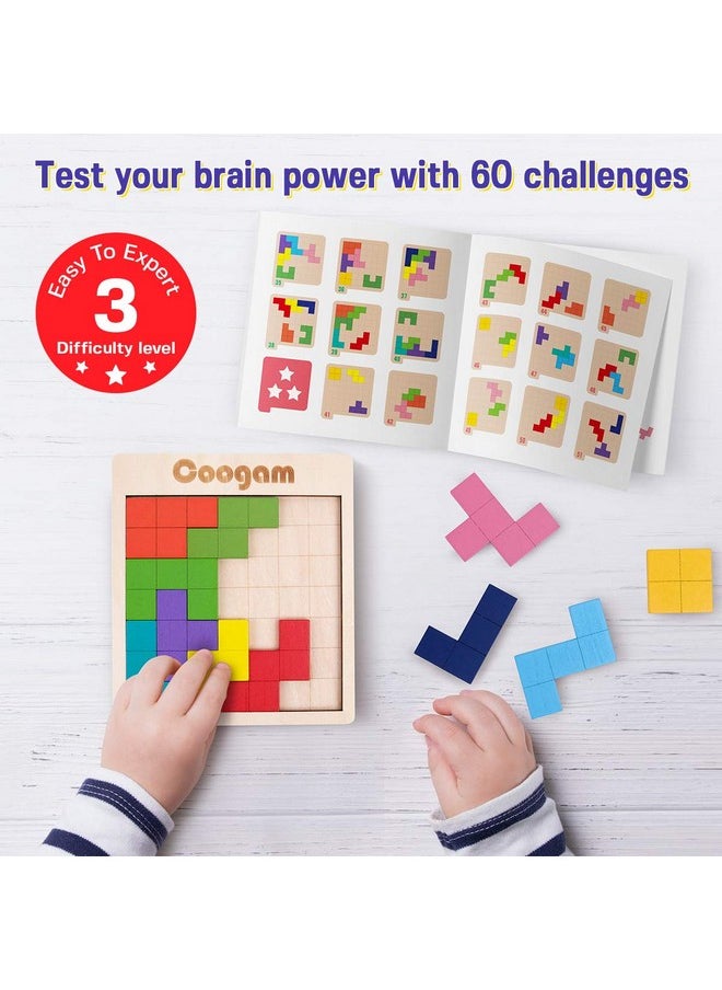 Wooden Puzzle Pattern Blocks Brain Teasers Game With 60 Challenges, 3D Russian Building Toy Wood Tangram Shape Jigsaw Puzzles Montessori Stem Educational Toys Gift For Kids Adults