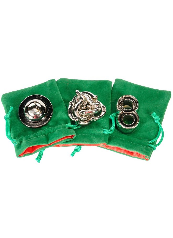 Ufo, Vortex & Infinity Hanayama Brain Teaser Puzzles, With 3 Green Velveteen/Red Satin Drawstring Pouches - Bundled Items