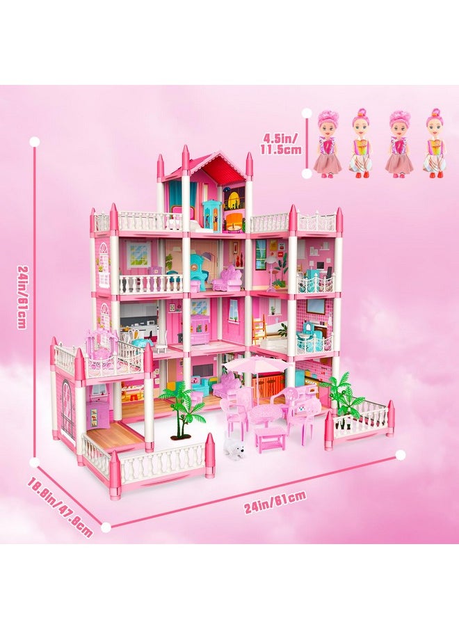 Dollhouse Princess Girl Toys 4-Story 14 Rooms Kids Play Dollhouse Playset With 4 Dolls,Furniture & Accessories,Princess Castle Dollhouse Toy For 3 4 5 6 7 8 Kids Girls Toys