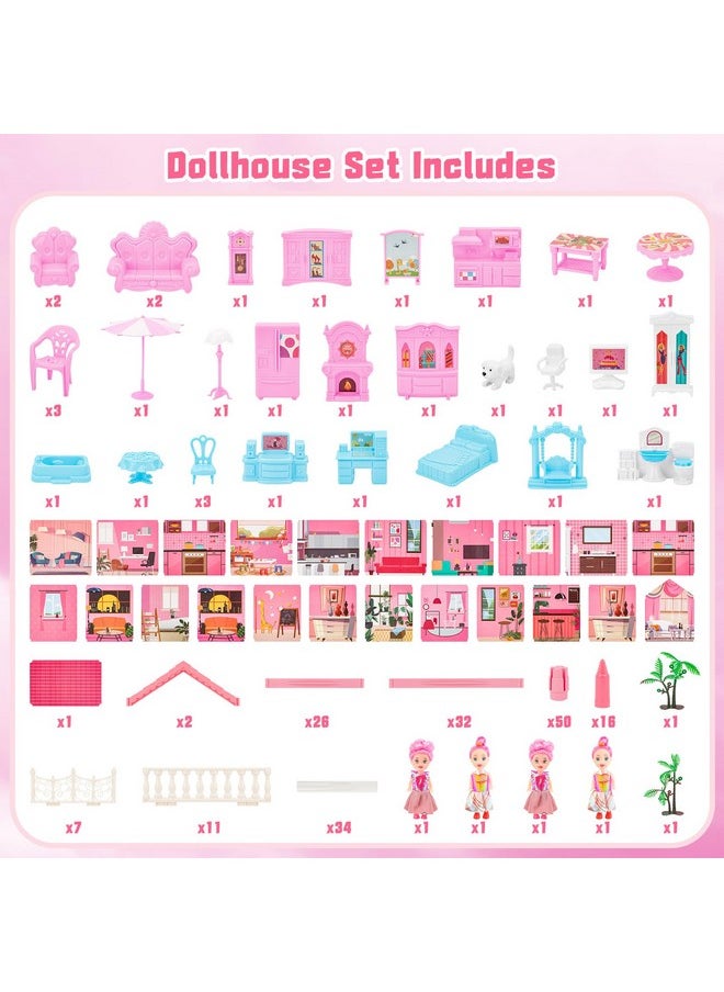 Dollhouse Princess Girl Toys 4-Story 14 Rooms Kids Play Dollhouse Playset With 4 Dolls,Furniture & Accessories,Princess Castle Dollhouse Toy For 3 4 5 6 7 8 Kids Girls Toys