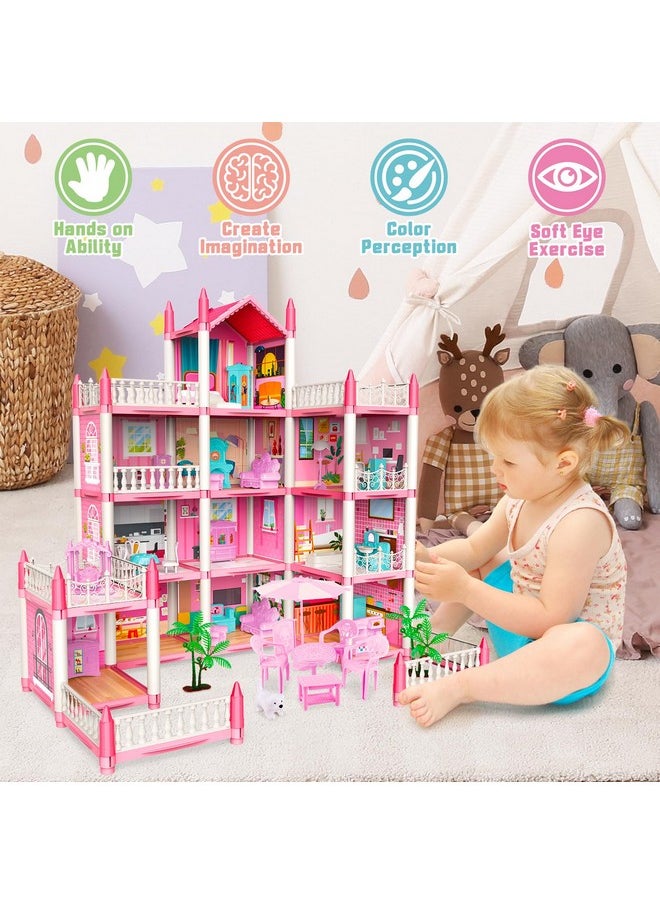 Dollhouse Princess Girl Toys 4-Story 14 Rooms Kids Play Dollhouse Playset With 4 Dolls,Furniture & Accessories,Princess Castle Dollhouse Toy For 3 4 5 6 7 8 Kids Girls Toys