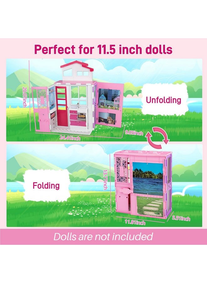 Foldable Doll House For 11.5 Inch Dolls,2-Story Portable Dream Dollhouse With Furniture & Accessories, Great Gift For Girls 3-12 Years Old