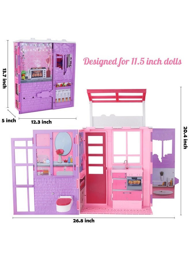 Doll House For 11.5-Inch Dolls, 2-Story Foldable Dollhouse With 37 Pcs Furnitures & Accessories, Playhouse With Pet House, Gifts For Girls Kids Toddlers