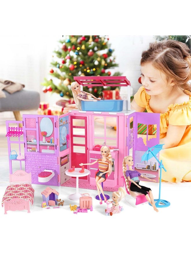 Doll House For 11.5-Inch Dolls, 2-Story Foldable Dollhouse With 37 Pcs Furnitures & Accessories, Playhouse With Pet House, Gifts For Girls Kids Toddlers