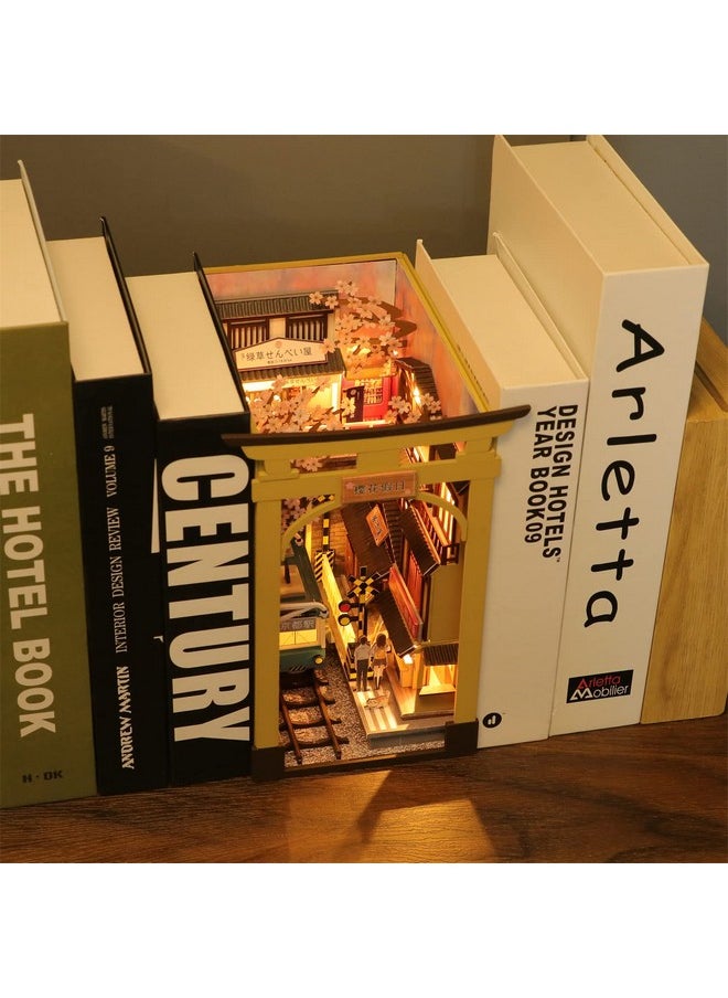 Dollhouse Diy Book Nook Miniature Kit, Diy Booknook Bookshelf Insert Decor, 3D Wooden Puzzle Booknook Miniature Kit For Creative Assembled Bookends (Sakura Holiday)