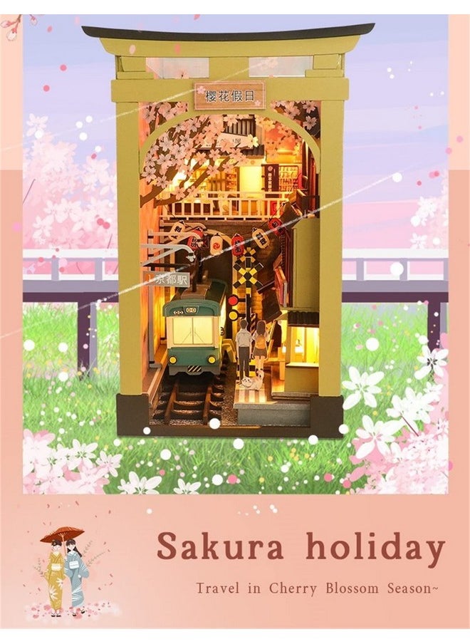 Dollhouse Diy Book Nook Miniature Kit, Diy Booknook Bookshelf Insert Decor, 3D Wooden Puzzle Booknook Miniature Kit For Creative Assembled Bookends (Sakura Holiday)