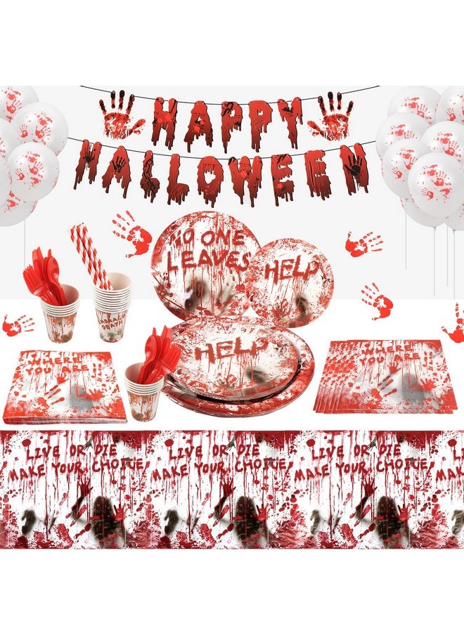 177 Pcs Bloody Halloween Party Supplies Tableware Set, Scary Halloween Party Decorations, Plates And Napkins, Cups, Straw, Napkins, Spoon, Fork, Knives, For Horror Themed Supplies (20 Guests)