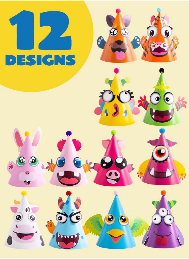 12 Sets Party Hats For Kids Birthday Party Games Craft Activities, Cute Animal Theme Birthday Hats Activity Kits With Stickers For Kids Holiday Party Favors