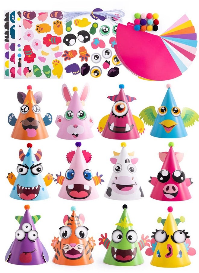 12 Sets Party Hats For Kids Birthday Party Games Craft Activities, Cute Animal Theme Birthday Hats Activity Kits With Stickers For Kids Holiday Party Favors