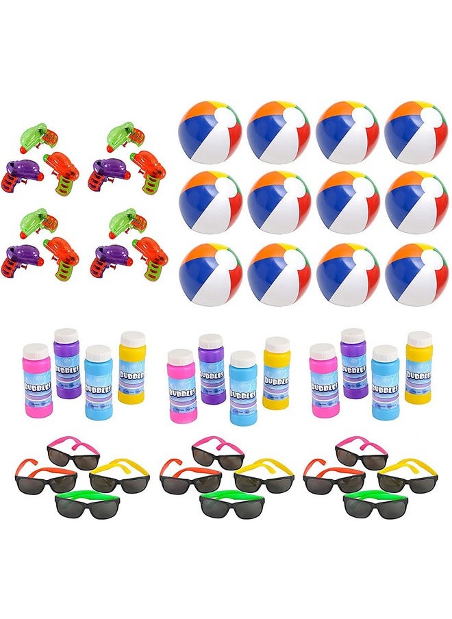 48 Pack Summer Party Favors For Kids - Pool Party Decorations For Kids Birthday, Beach Theme Party Supplies, Includes: 12 Neon Sunglasses, 12 Beach Balls,12 Water Guns, And 12 Pack Bubbles