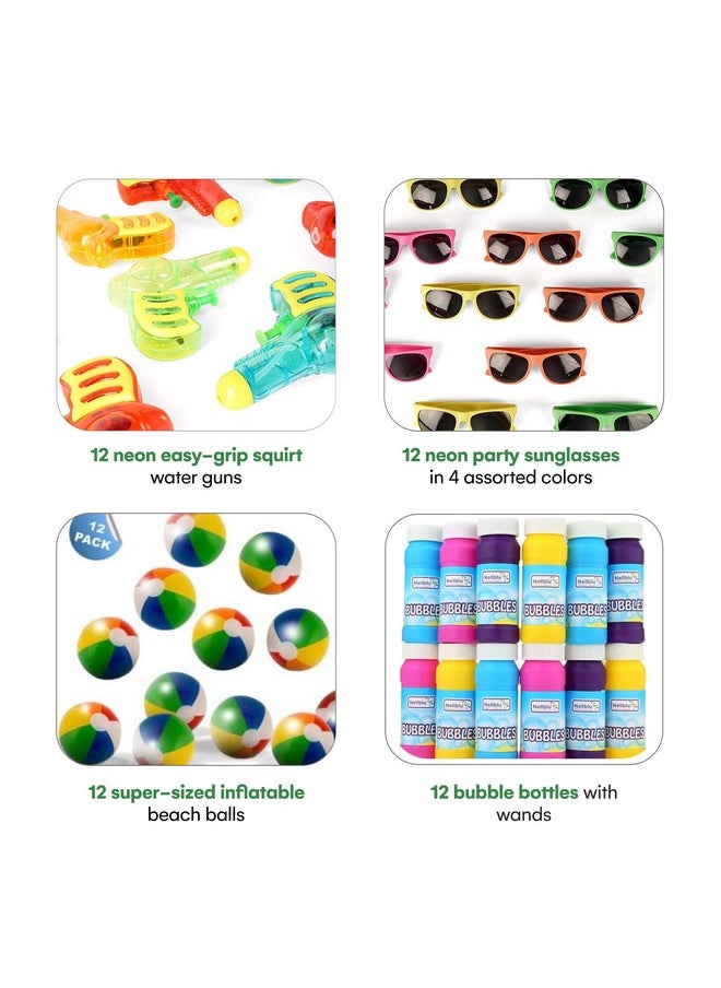 48 Pack Summer Party Favors For Kids - Pool Party Decorations For Kids Birthday, Beach Theme Party Supplies, Includes: 12 Neon Sunglasses, 12 Beach Balls,12 Water Guns, And 12 Pack Bubbles