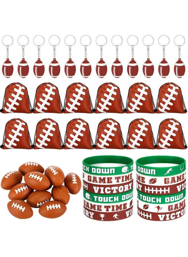 48 Pcs Basketball Soccer Football Baseball Party Favors Supplies 12 Silicone Bracelet 12 Drawstring Treat Bag 12 Mini Stress Ball 12 Keychains For Birthday Sports Party Supplies (Football)