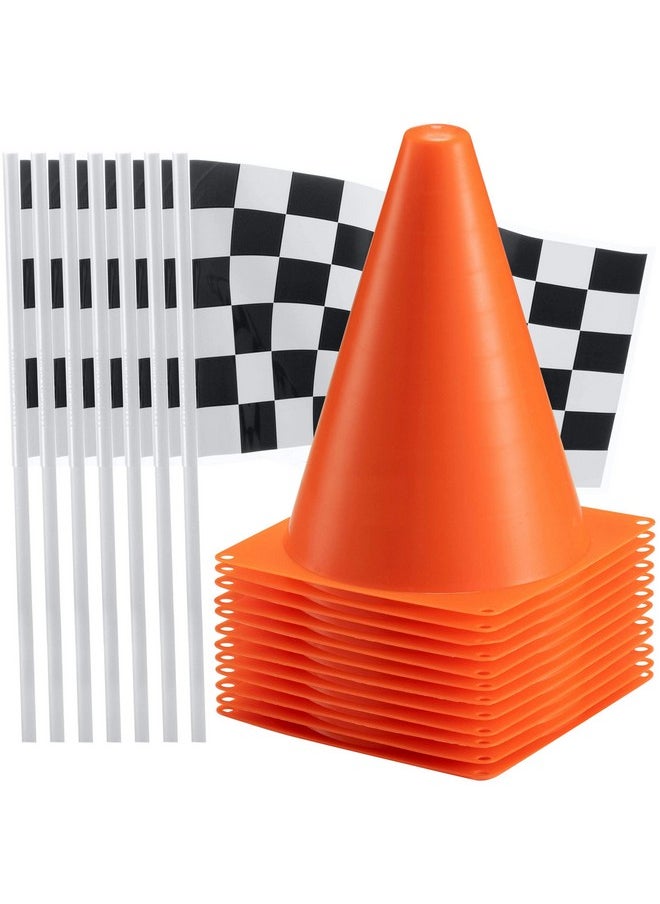 Traffic Cones And Racing Checkered Flags - (24 Pcs) 12 - Black And White Flags On Sticks And 12-8-Inch Mini Orange Sports Safety Cones For Kids - Race Car Theme Birthday Party Supplies