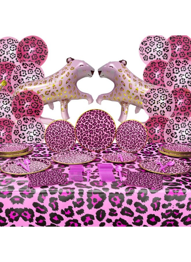 Deluxe Party Supplies Packs (124 Pieces For 16 Guests) - Pink Leopard Party Decorations, Pink Birthday, Cheetah Birthday, Cheetah Party, Two Wild Birthday For Girls, Blue Orchards