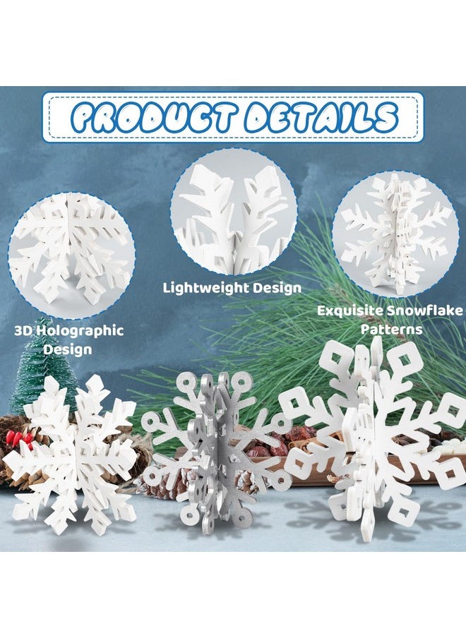 Winter Christmas Centerpiece Table Decorations - 12Pcs Wooden Snowflakes Decor 3D Silver White Snowflake Tabletop Decor For Xmas Holiday Tiered Tray Winter Farmhouse Decor