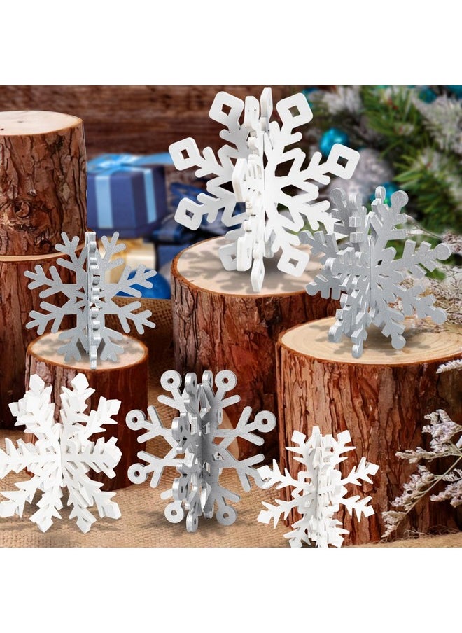 Winter Christmas Centerpiece Table Decorations - 12Pcs Wooden Snowflakes Decor 3D Silver White Snowflake Tabletop Decor For Xmas Holiday Tiered Tray Winter Farmhouse Decor