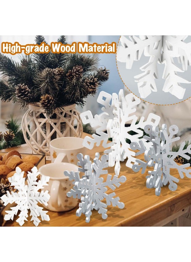 Winter Christmas Centerpiece Table Decorations - 12Pcs Wooden Snowflakes Decor 3D Silver White Snowflake Tabletop Decor For Xmas Holiday Tiered Tray Winter Farmhouse Decor