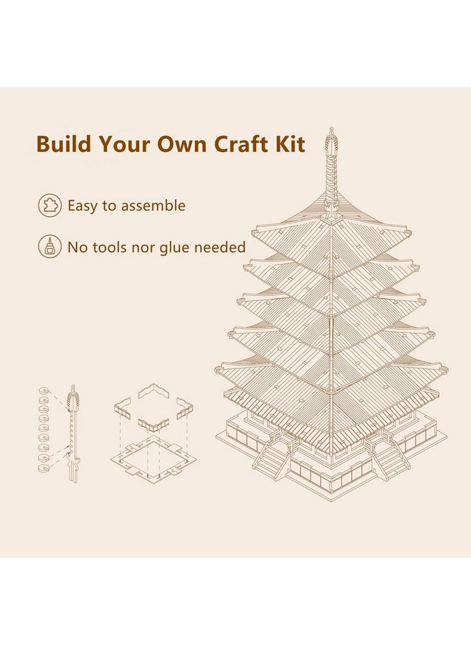 3D Puzzle Wooden Craft Kits For Adults Diy Model Building Kit Best Gift For Kids (Five-Storied Pagoda)