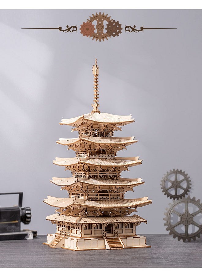 3D Puzzle Wooden Craft Kits For Adults Diy Model Building Kit Best Gift For Kids (Five-Storied Pagoda)