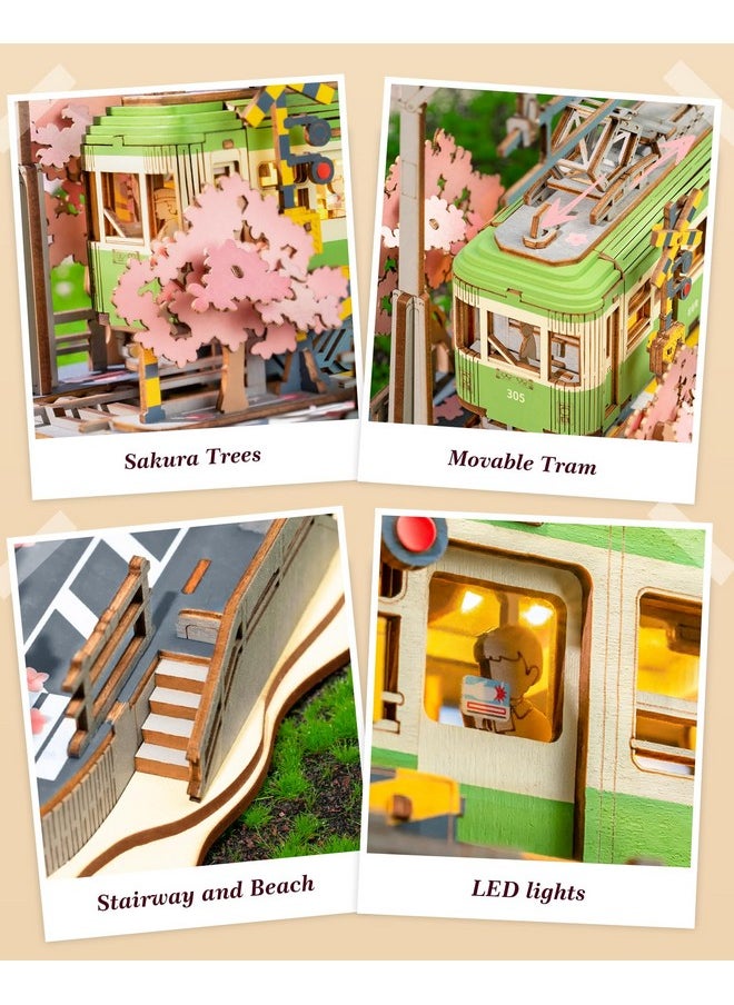 3D Puzzles For Adults Diy Model Building Toy With Led Light Wooden Craft Kits Diorama Tram Hobby For Kids Brain Teaser Gift (Sakura Journey)