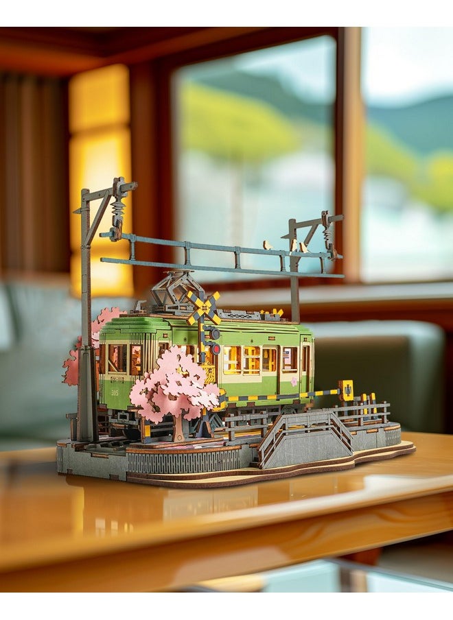 3D Puzzles For Adults Diy Model Building Toy With Led Light Wooden Craft Kits Diorama Tram Hobby For Kids Brain Teaser Gift (Sakura Journey)