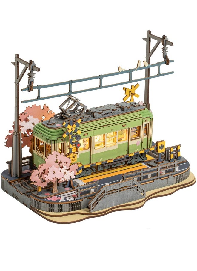 3D Puzzles For Adults Diy Model Building Toy With Led Light Wooden Craft Kits Diorama Tram Hobby For Kids Brain Teaser Gift (Sakura Journey)