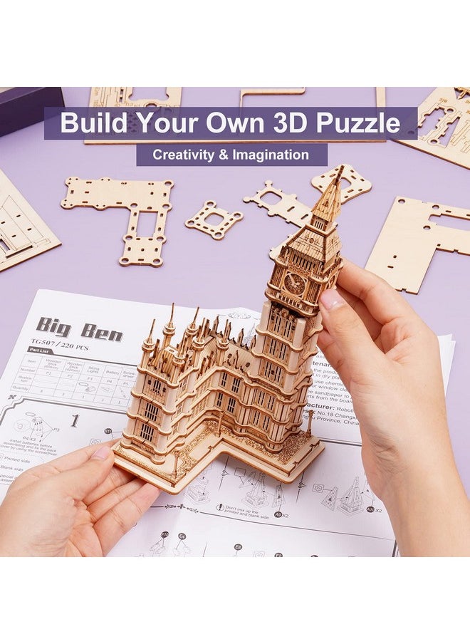3D Puzzle For Adults Wooden Craft Kits For Teens Diy Construction Model Kit With Led Light To Build Educational Big Ben Set Toys Birthday Gifts