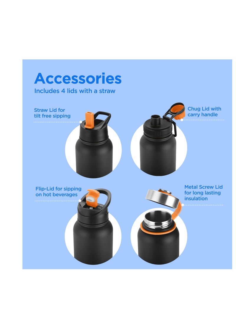 1180ml Vacuum Insulated Water Bottle with 4 Lids, Keeps Drinks 12 Hrs Hot & 24 Hrs Cold, 18/8 Stainless Steel, Double-Walled Flask with Inner Copper Coating for Sports, Gym - Flassio