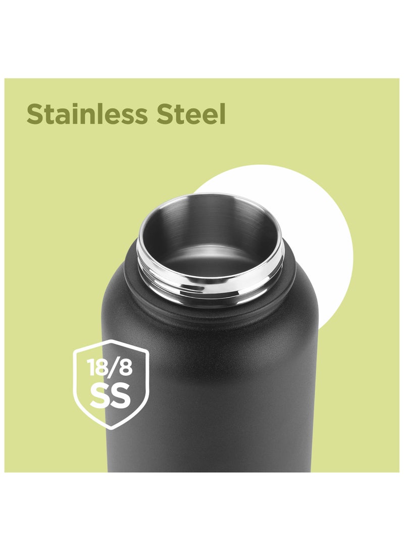 1180ml Vacuum Insulated Water Bottle with 4 Lids, Keeps Drinks 12 Hrs Hot & 24 Hrs Cold, 18/8 Stainless Steel, Double-Walled Flask with Inner Copper Coating for Sports, Gym - Flassio